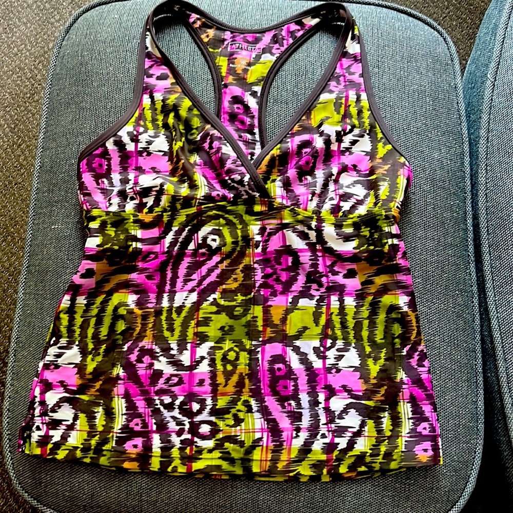 Athleta tankini top. Medium. Unpadded. Racer back. Brown/green/purple print